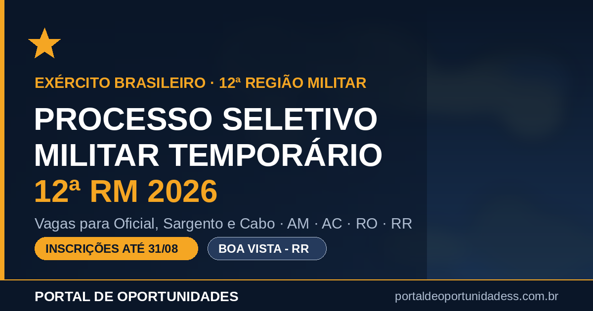 Processo Seletivo Militar Temporário 12ª RM 2026 com vagas para Oficial, Sargento e Cabo