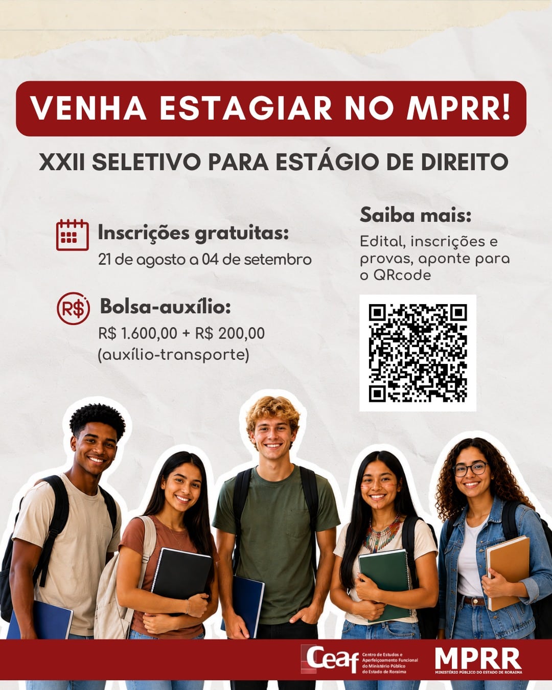 MPRR abre edital para 20 vagas de estágio em Direito com bolsa de R$ 1.600
