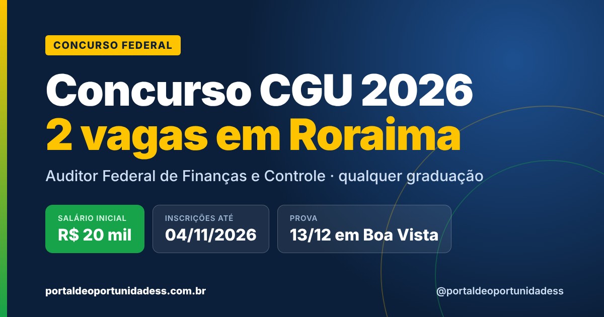 Concurso CGU 2026 com vagas em Roraima para Auditor Federal de Finanças e Controle